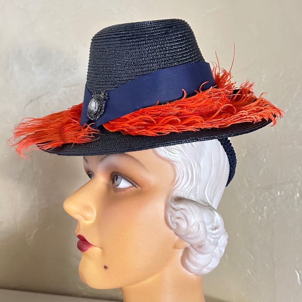 GLORIOUS 1940's BLACK STRAW TILT HAT + ORANGE FEATHERS & BROOCH